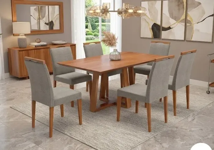 Conjunto Mesa Florença Tampo Laminado Nogueira 160x90cm + 6 Cadeiras Jaqueline Cor: Noguei