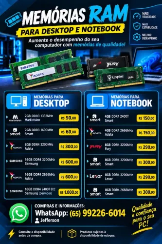 MEMÓRIAS RAM PARA DESKTOP E NOTEBOOK