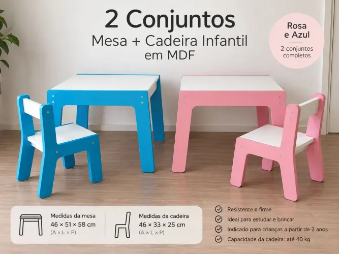 2 Conjuntos Mesa e Cadeira Infantil MDF - Rosa e Azul