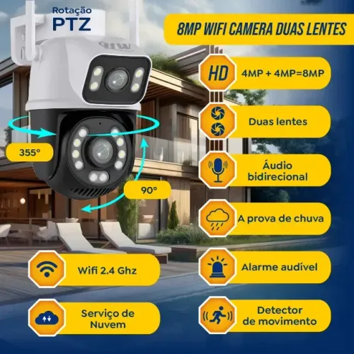 Câmera de Segurança WiFi Dupla Lente Visão Noturna, Áudio, Aplicativo iCSee