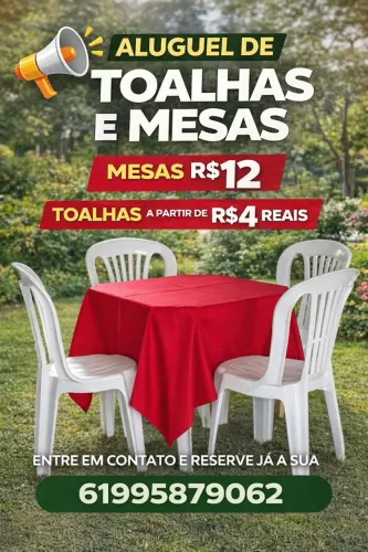 Aluguel de mesas, toalhas, pegue e monte - toalhas a partir de R$4 reais a unidade