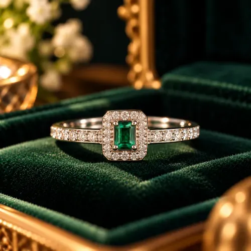 ANEL DE ESMERALDA COM HALO DE DIAMANTES - ELEGÂNCIA CLÁSSICA
