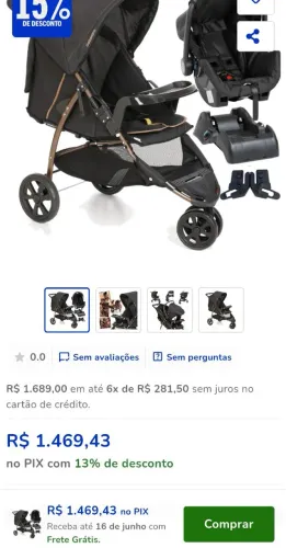 Carrinho de bebê com bebê conforto e base