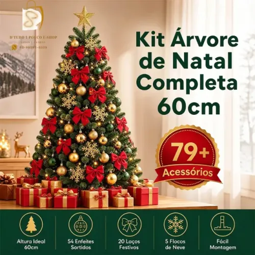 Árvore de Natal Verde de 60 cm Completa para Mesa com 81 Enfeites-NOVO