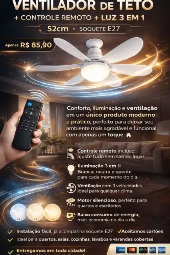 VENTILADOR DE TETO COM CONTROLE REMOTO + LUZ REGULÁVEL