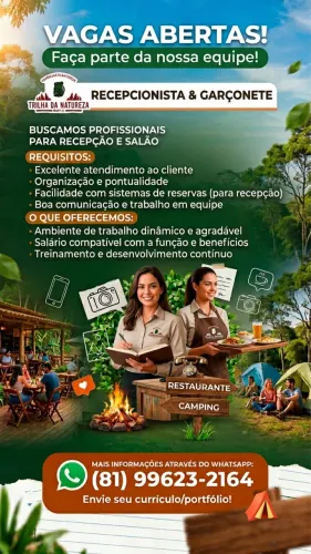 Vagas para Garconete, ajudante de cozinha e recepcionista