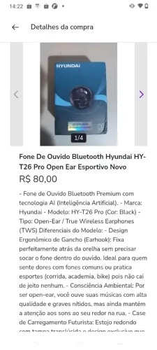 Fone De Ouvido Bluetooth Hyundai HY-T26 Pro Open Ear Esportivo Novo<br>R$ 80,00