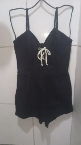 Macacão Curto Jeans Azul Escuro Feminino N;40