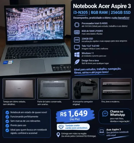 Notebook Acer Aspire 3 Intel Core i3-N305 8GB RAM LPDDR5 SSD 256GB - Estado de Quase Novo