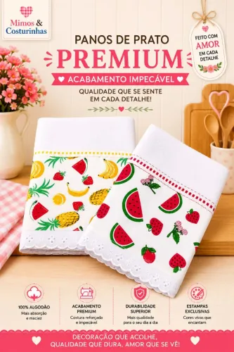 Kit 2 Panos de Prato Decorados | Frutas | Bordado Inglês