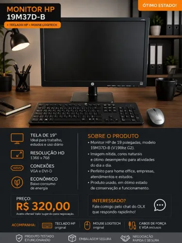 Monitor HP 19? + Teclado HP + Mouse Logitech - Kit Completo