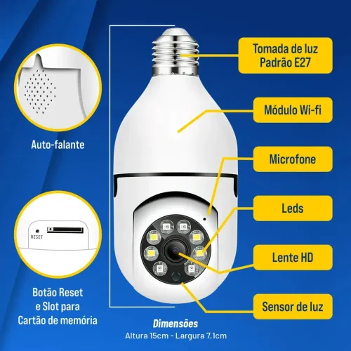Câmera de segurança Wi-Fi gira 360 graus full HD com visão noturna e áudio 