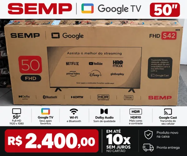 encontrar na busca do Marketplace:  Smart TV SEMP 50? Google TV Full HD - Nova na Caixa