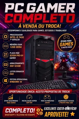 PC Gamer Completo Intel i5 7400 12GB DDR4 SSD 120GB Monitor AOC - Aceito Troca