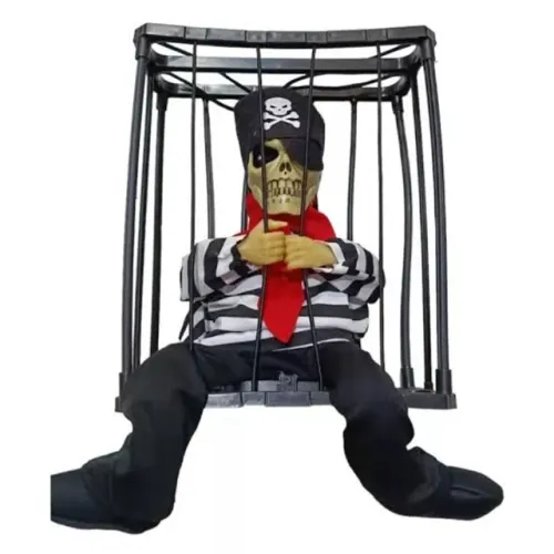 Boneco Caveira Pirata Halloween Luz e Som Gaiola