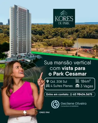 Apartamento 308 Sul Kores do Park são 184m2 c/ 4 suítes plenas 3 vagas