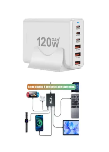 CARREGADOR 120W CENTRAL DE CARREGAMENTO 3 USB + 3 TIPO-C GAN PRO
