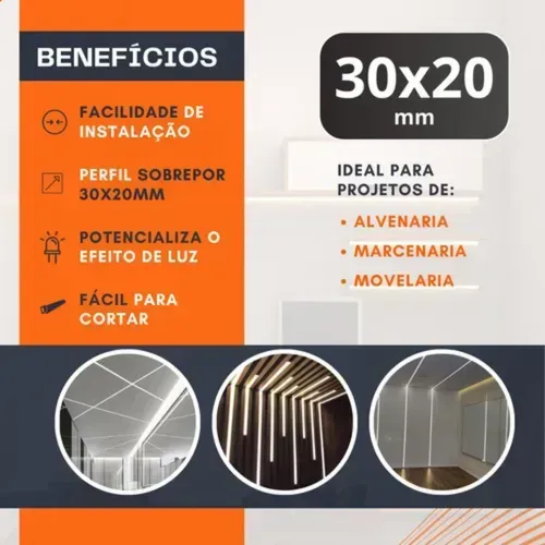 Perfil LED Sobrepor 3m 30x20mm Pto ou branco