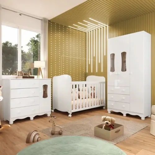 Quarto Infantil Luna 3 Portas C/ Berço Lumi Americano, 100% MDF - Peroba