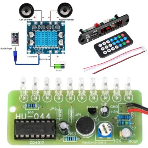 Kit eletrônico (placa Bluetooth MP3, placa amplicadora 30x30, placa RGB)