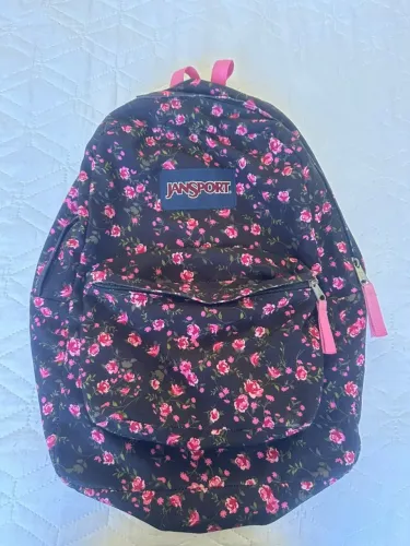 Mochila Original Jansport Preta com Flores Rosas