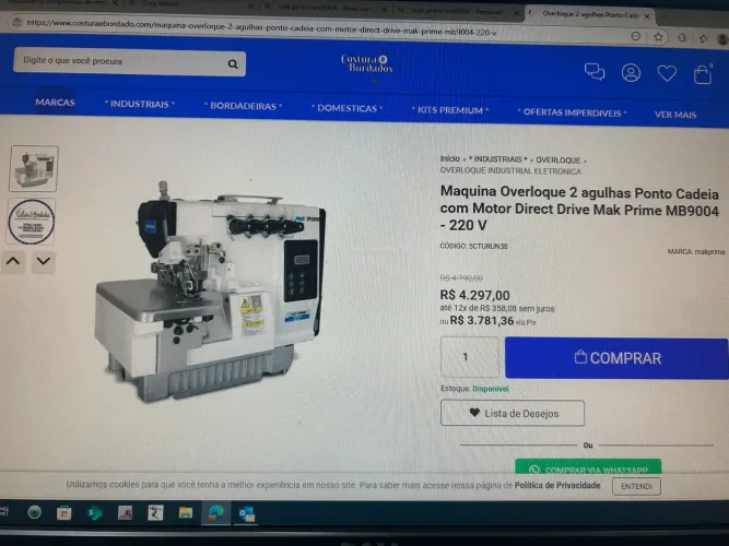 Máquina Overlock 2 agulhas ponto cadeia com motor direct Drive MAK PRIME MB9004-220 Volts