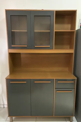 Armário de Cozinha Completo em MDF (Amadeirado e Cinza) - Ótimo Estado!