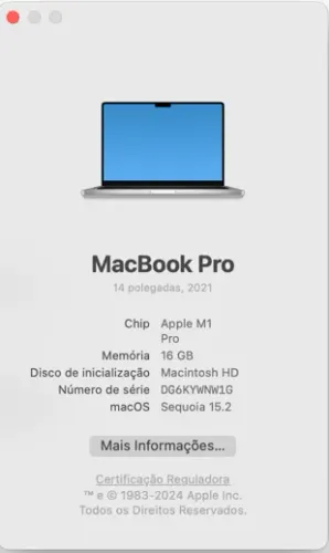MacBook Pro | Chip M1 PRO | 10/16 núcleos de CPU/GPU | 16GB de RAM | 512GB SSD | Tela de 1