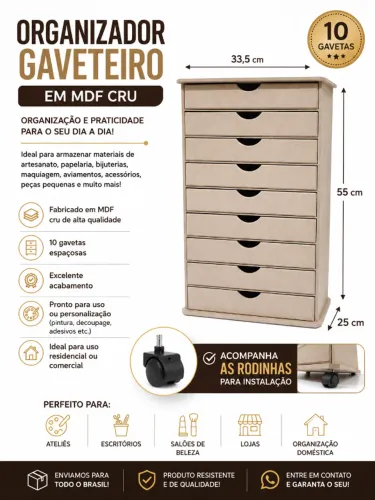 ORGANIZADOR GAVETEIRO EM MDF CRU - 10 GAVETAS