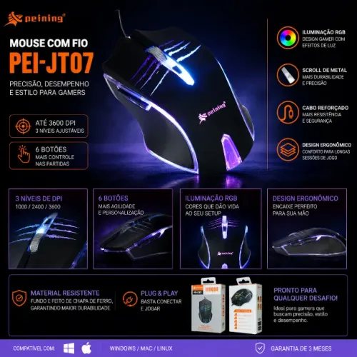 Mouse Gamer RGB PEI-JT07 3600 DPI 6 Botões USB