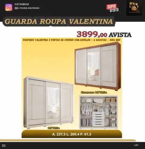 ROUPEIRO VALENTINA COM ESPELHO E PORTA DE CORRER