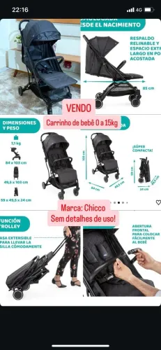 Carrinho de bebê da marca Chicco, 0 a 15kg, compacto e leve.