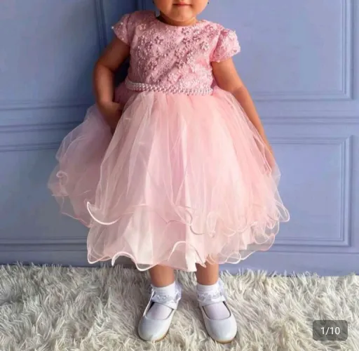 Vestido De Festa Infantil Com Renda e Pérola Na Manga Premium Luxo 1 ano 
