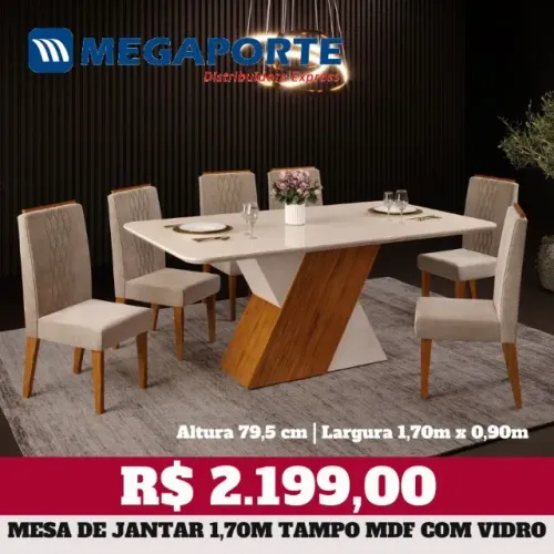 Mesa de Jantar 6 Cadeiras com Tampo de Vidro 1,70m (Novo) Entrega Grátis!