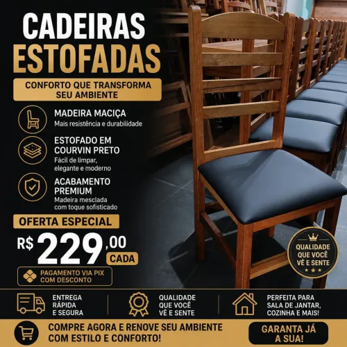 Cadeira de madeira- Modelo Popular c/ estofado Preto- Duas demãos polistein - $229,00 cada