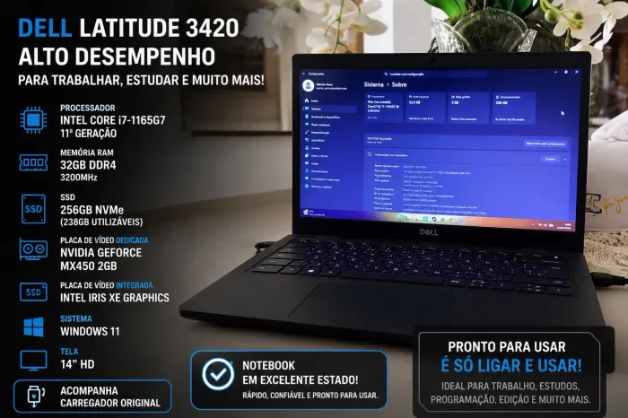 ? Dell Latitude 3420 | Intel i7 11ª Geração | 32GB RAM | GeForce MX450 | Muito Rápido!