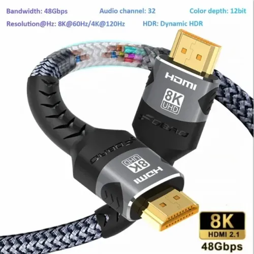 Cabo HDMI 8K 2.1 48Gbps Cabo trançado HDMI de alta velocidade 2Mts