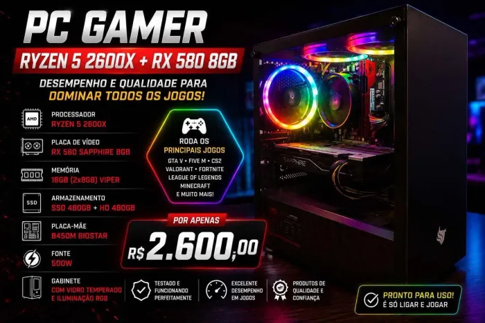 VENDO/TROCO PC Gamer Ryzen 5 2600X + RX 580 8GB + 16GB RAM