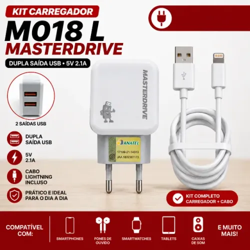 Kit Carregador Masterdrive M018 L + Cabo Lightning 5v 2.1a