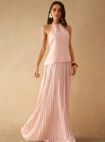 Vestido de festa Silquee Evasê com Decote Laço Sem Mangas longo cor Rosa novo lacrado
