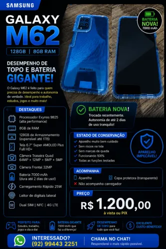 Celular Samsung M62, 8gb de memoria, 128 Gb armazenamento.