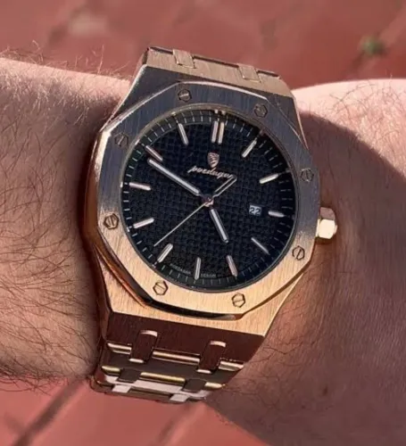 Relógio Homage Audemars Piguet Royal Oak Gold Rose Black 42mm Safira Premium