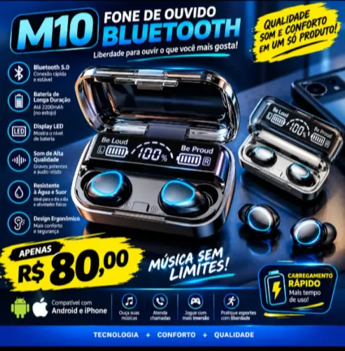 Fone de ouvido bluetooth sem fio
