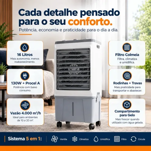 Climatizador Ar Frio 5 em 1 Ventilador Umidificador 16 Litros Comercial 227V Ventisol