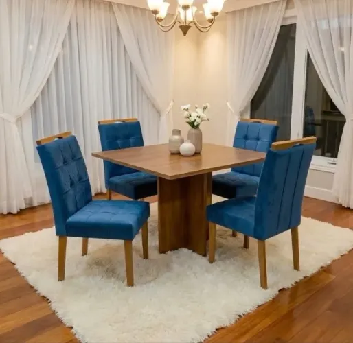 Conjunto Sala de Jantar Ravello 90 cm com 4 Cadeiras Veludo Azul