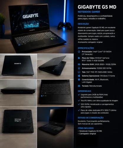 Notebook Gamer Gigabyte G5 MD | RTX 3050 Ti | 24GB RAM | SSD 512GB | Intel i5 11° geração