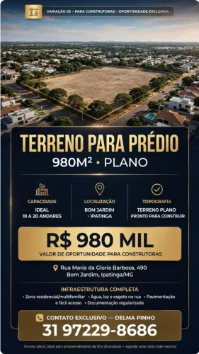 > TERRENO 980M² PARA PRÉDIO 20 ANDARES - BOM JARDIM - IPATINGA - R$ 980 MIL<br>Ht <br>*