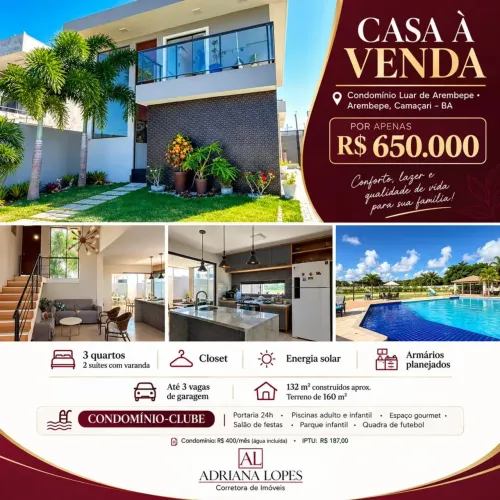 Casa duplex a venda no Luar de Arembepe