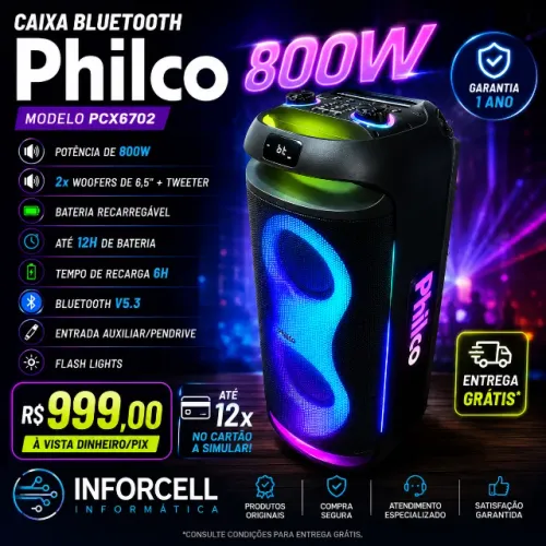 Caixa Bluetooth Philco 800w Recarregável 