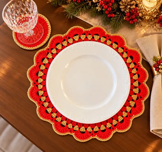 Crochê Natal Vermelho e Dourado